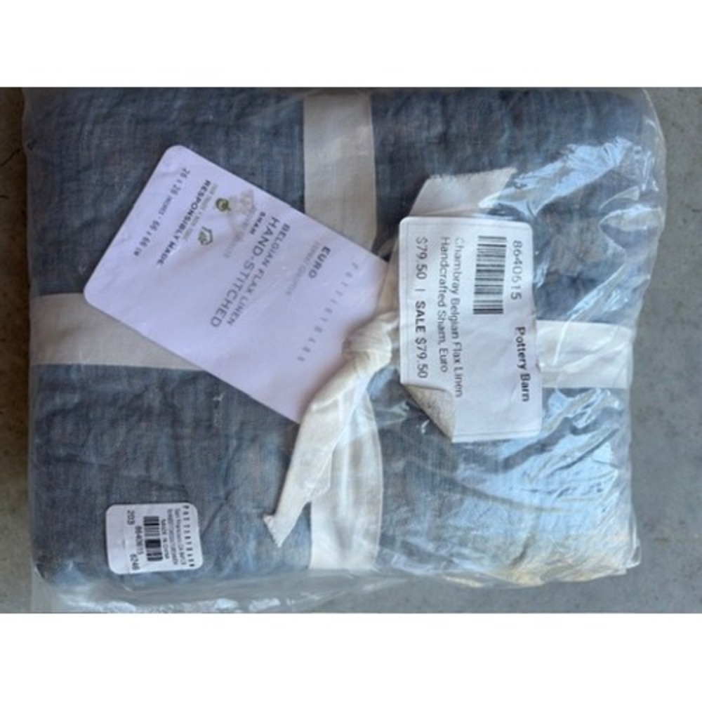 Pottery Barn Belgian Flax Linen Hand-Stitched Euro Sham Chambray Blue 8640615